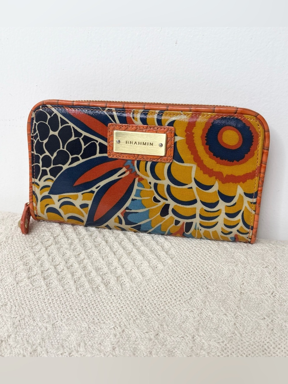 Brahmin Floral Zip Around Wallet Solar Orange Phone Clutch